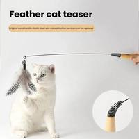 Wooden Handle Spring Cat Teaser Wand Feather Bell Replacement Head Interactive Kitten Toy Supplies