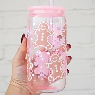 Sip-Sip Hooray! Pink Gingerbread Christmas Cup – Peppermint & Snowflake Design with Lid & Straw, Reusable Drinkware Gift fo...