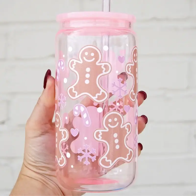 Sip-Sip Hooray! Pink Gingerbread Christmas Cup – Peppermint & Snowflake Design with Lid & Straw, Reusable Drinkware Gift fo...