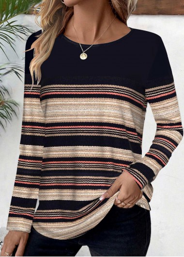 Modlily Black Striped Long Sleeve Round Neck T Shirt - L