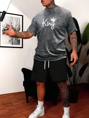 2 Pieces Men's Letter Graphic Drawstring Shorts Set, Summer Clothes Lounge Set, Casual Streetwear Printed Tee with Pocket Sh...