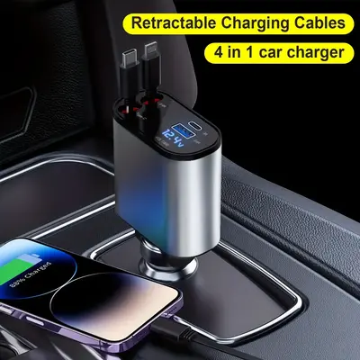 1 Piece 4 in 1 Retractable Car Charger [Max100W], USB C Fast Charging Adapter with Lightning Cable and Dual Charging Ports, i...