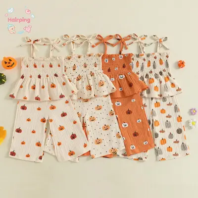 Toddler Little Girl Halloween Outfit, Pumpkin Smocked Tie-up Spaghetti Strap Babydoll Tops Wide Leg Pants, 2 Piece Set