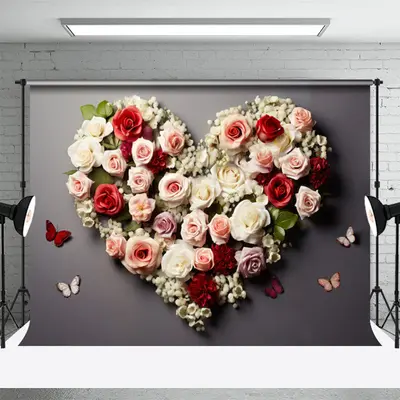 Heart Shape Floral Butterfly Valentines Day Backdrop - Aperturee