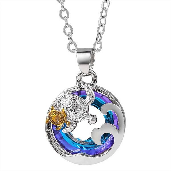 Mother's Day Double Turtle and Wave Alloy Pendant Necklace with Rhinestone
