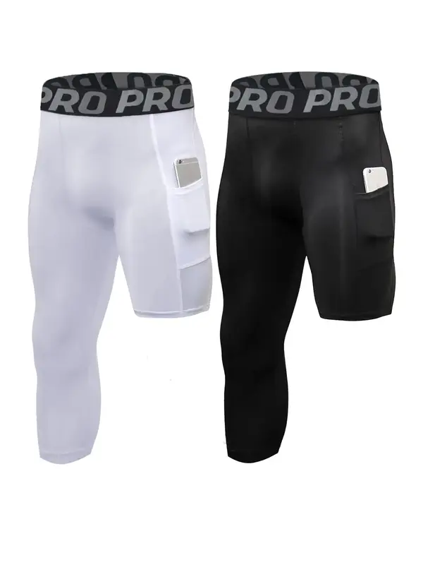 Men's Letter Tape Asymmetrical Pocket Capris Leggings, High Stretch Tummy Control Butt Lifting Shapewear for All Seasons, Com...