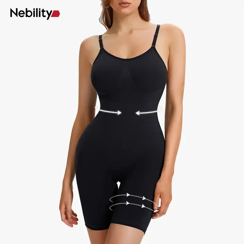 [MAX] Nebility Women's Seamless Fashionable Vneck bodysuits shapewear Full Body Stretchy Shapewear Basic Black Jumpsuit Women...