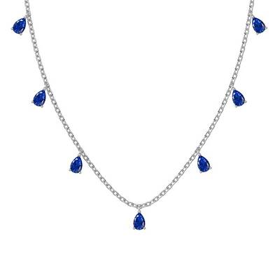 Rhodium Plated 925 Sterling Silver Pave Blue Cubic Zirconia Cable Chain Teardrop Tassel Necklaces for Women