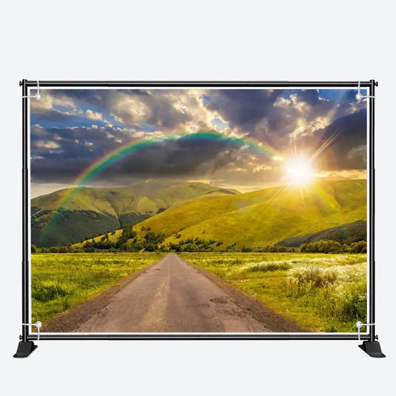 Green Mountains Sun Rainbow Road Spring Backdrop - Aperturee