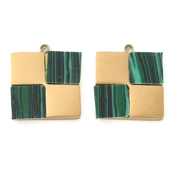 304 Stainless Steel Pave Synthetic Malachite Square Charms