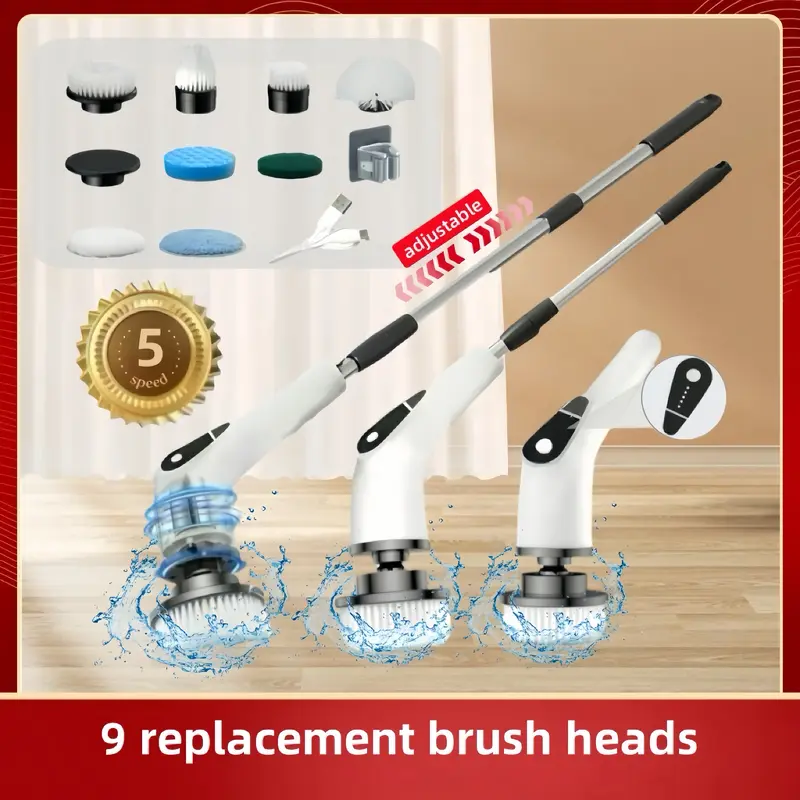 Electric Spin Scrubber, Cordless Shower Scrubber, Cleaning Brush, with 9 Replaceable Brush Heads and 3 Adjustable Extension H...