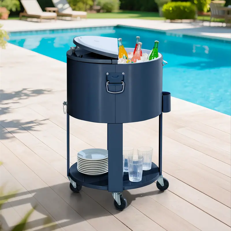 SUNJOY 60 Quart Patio Rooling Cooler Cart with Bottle Opener, Shelf and Lockable Wheels - Blue