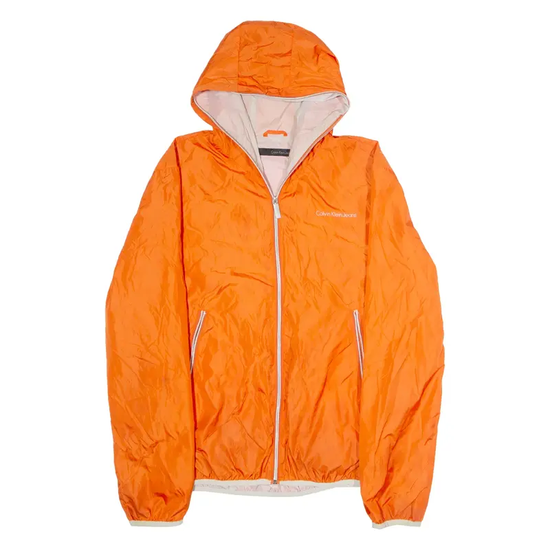 CALVIN KLEIN JEANS Mens Rain Jacket Orange Nylon Hooded 2XL
