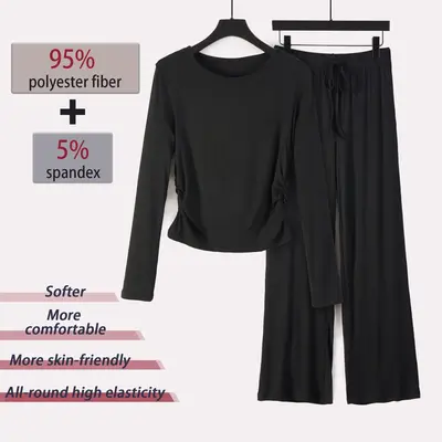 XINEV Women's 2.0 Set - Solid Long Sleeve Top & Straight Leg Pants Loungewear Set - Comfortable Round Neck Top & Trousers Paj...