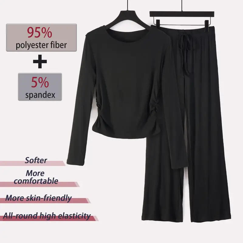 XINEV Women's 2.0 Set - Solid Long Sleeve Top & Straight Leg Pants Loungewear Set - Comfortable Round Neck Top & Trousers Paj...