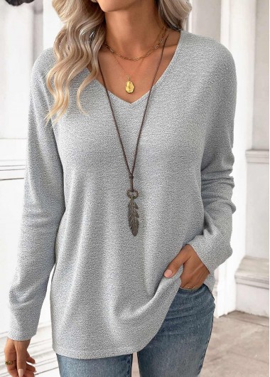 Modlily Light Grey Long Sleeve V Neck T Shirt - L