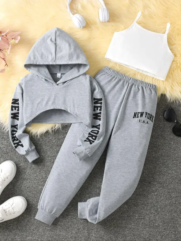 Three-piece Set Girl's Letter Print Hoodie & Elastic Waist Sweatpants & Cami Top Set, Casual Long Sleeve Hooded Sweatshirt & ...