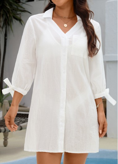 Modlily Tie Beige Turn Down Collar Button Cover Up - XL