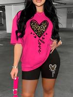 Women's Leopard Heart Print Tee & Skinny Shorts Two-Piece Set, Casual Round Neck Short Sleeve T-Shirt & Shorts for Daily Wear...