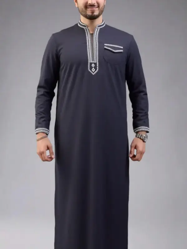 Men's Solid Color Border Print Robe, Modest Casual Long Sleeve Dress for Daily Wear, Men's Islamic Clothing for All Seasons