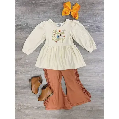 Harvest Blessings Girls or Toddler Tunic Top & Bell Bottoms 2 Piece Thanksgiving Outfit