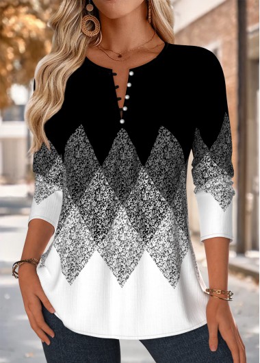 Modlily Black Tuck Stitch Geometric Print Long Sleeve Blouse - M