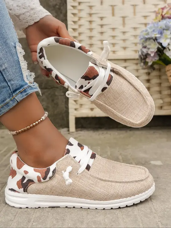 Women's Cow Print Lace Up Flat Sneakers, Trending Shoes, Khaki Walking Shoes, Female Footwear Round Toe Shoes for Trainer Dai...