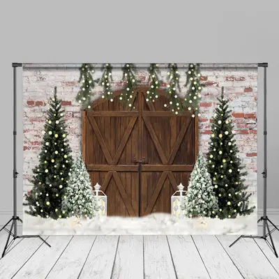 Pine Tree Cloud Brick Wall Wood Door Christmas Backdrop - Aperturee