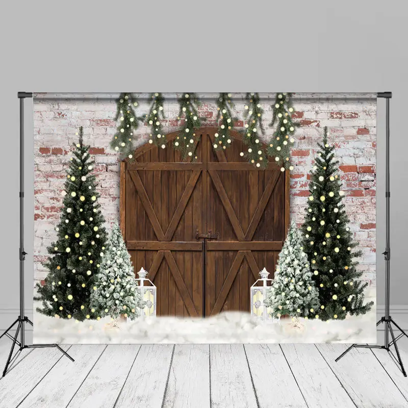 Pine Tree Cloud Brick Wall Wood Door Christmas Backdrop - Aperturee