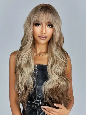 26 Inch Long Brown Mixed Blonde Curly Wigs For Women, Gorgeous Fluffy Wigs With Bangs, Synthetic Full Machine Wigs For Party,...
