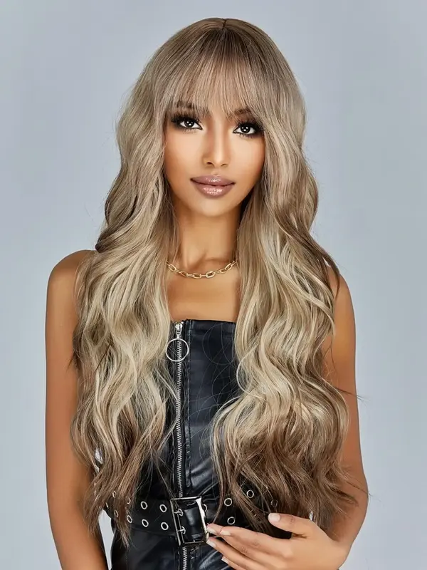 26 Inch Long Brown Mixed Blonde Curly Wigs For Women, Gorgeous Fluffy Wigs With Bangs, Synthetic Full Machine Wigs For Party,...