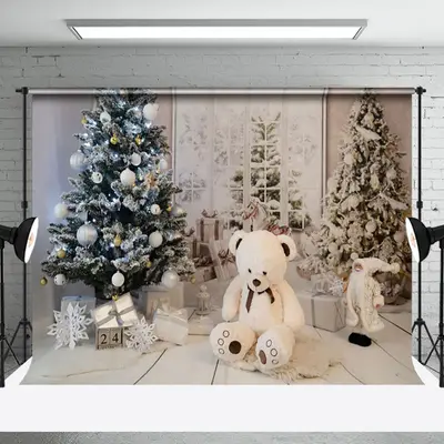 Aperturee White Teddy Bear Santa Room Christmas Tree Backdrop