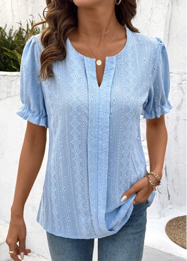 Modlily Light Blue Lace Short Sleeve Split Neck Blouse - L