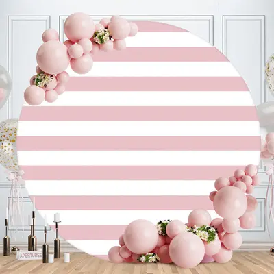 Aperturee Pink White Stripe Round Happy Birthday Backdrop