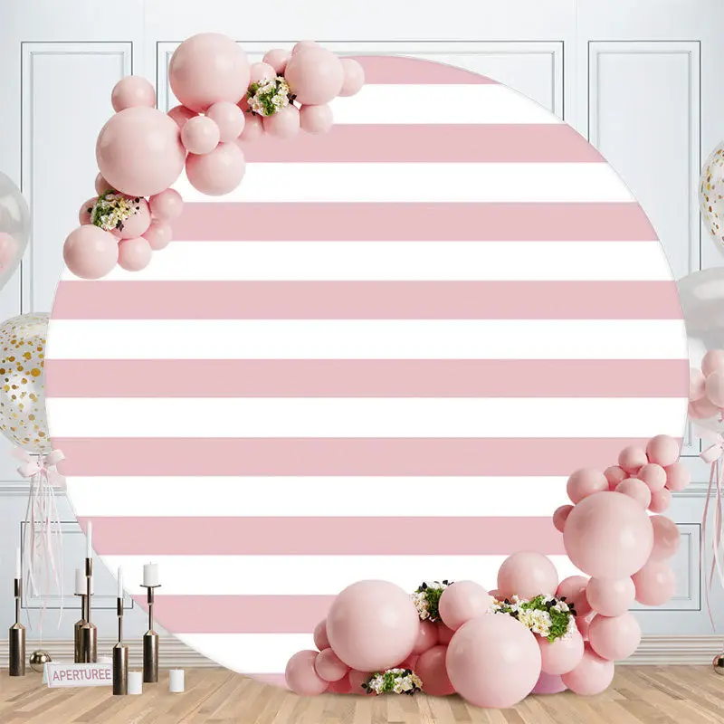Aperturee Pink White Stripe Round Happy Birthday Backdrop