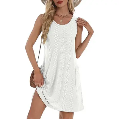 Coverup Summer Dresses for Women 2025 Eyelet Casual Loose Sleeveless Sundresses Tank Dresses with Pockets