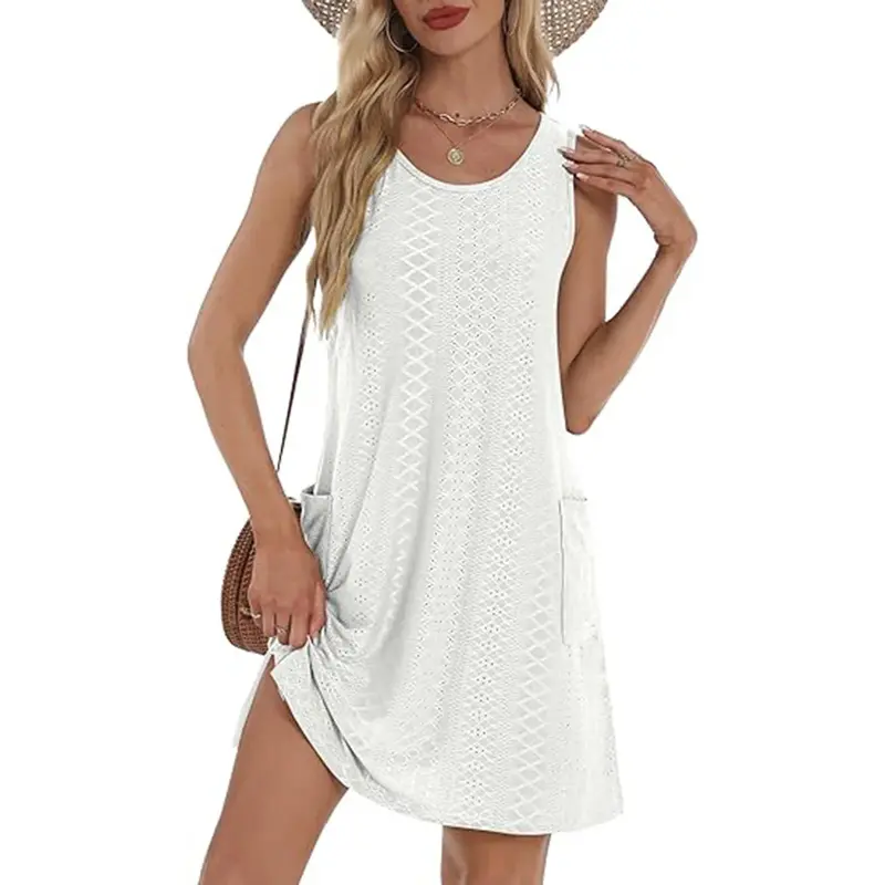 Coverup Summer Dresses for Women 2025 Eyelet Casual Loose Sleeveless Sundresses Tank Dresses with Pockets