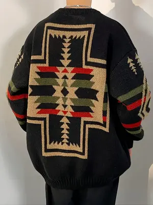 ćPlus Sizeć Men's Geometric Print Drop Shoulder Sweater, Casual Long Sleeve Round Neck Jumper for Fall & Winter, Fashion ...