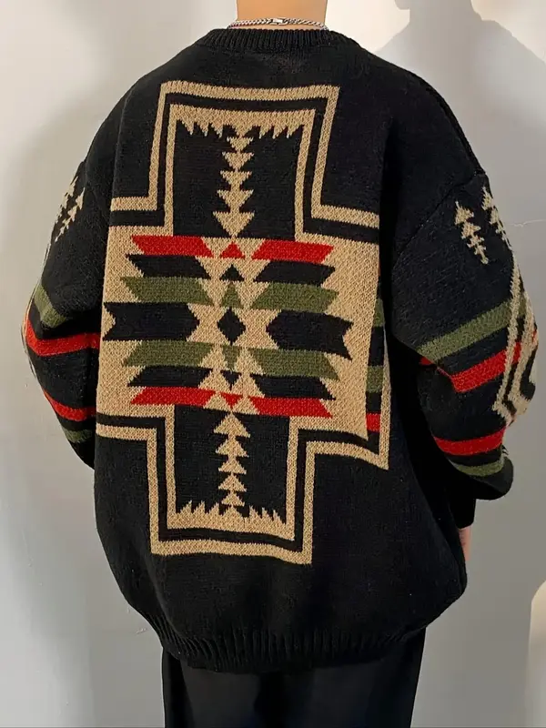 【Plus Size】 Men's Geometric Print Drop Shoulder Sweater, Casual Long Sleeve Round Neck Jumper for Fall & Winter, Fashion ...