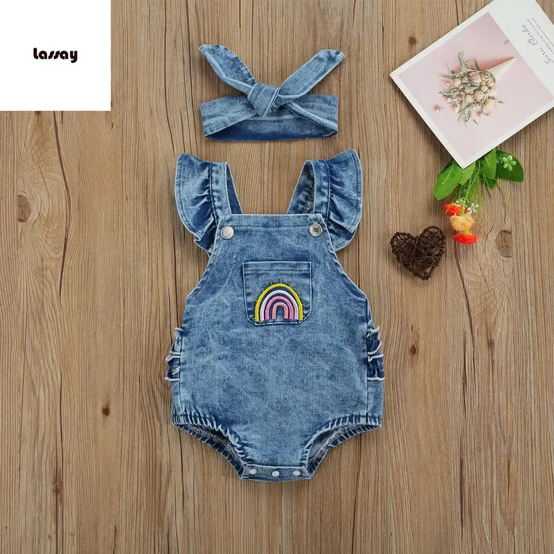 Breathable Baby Girls Outfit, Infant Summer Creative Rainbow Embroidery Fly Sleeve Lace Decoration Denim Romper + Headwear Se...