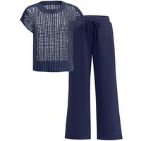 ANRABESS Women Summer Two Piece Sets Crochet Sheer Knit Sweater Top Wide Leg Pants Lounge Matching Sets Sweatsuit Comfort Vac...