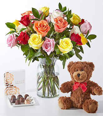 Mixed Roses Gift Sets - 24 Roses with Vase Chocolate, and Bear - FedEx
