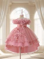 Girl's Floral Embroidery Layered Tulle Formal Dress, Elegant Party Dress for Performance Show Wear, Kids Clothes for All Seas...