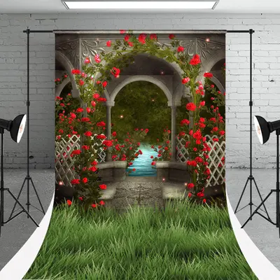 Red Flower Pavilion Green Photo Booth Sweep Backdrop - Aperturee