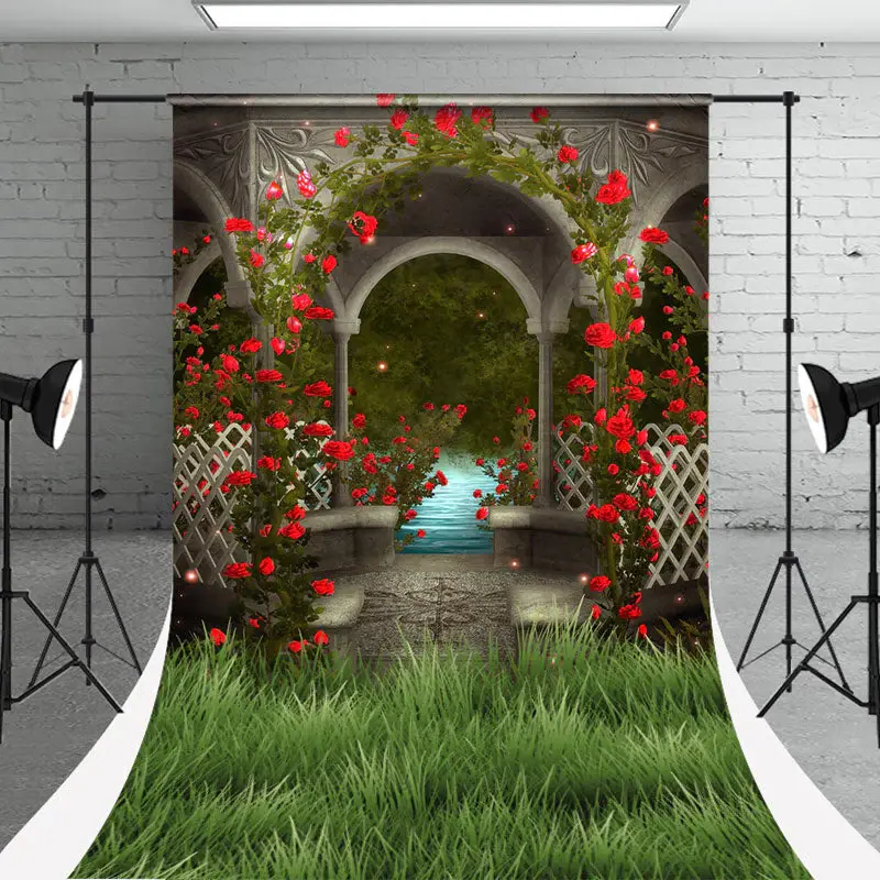 Red Flower Pavilion Green Photo Booth Sweep Backdrop - Aperturee
