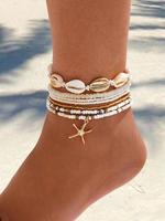 Shell & Star Decor Beaded Anklet, Boho Accessories Gifts for Her, Fashionable Faux Pearl Decorated Anklet for Women & Girls, ...
