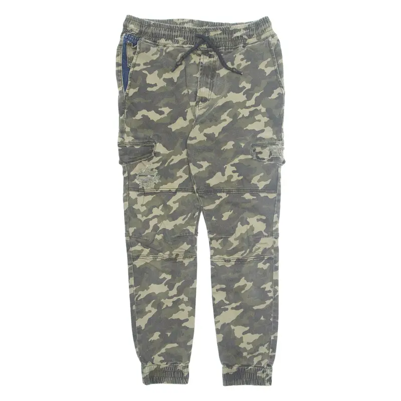 TOKUMO SHIMA Camo Cargo Distressed Mens Trousers Green Regular Tapered W28 L26