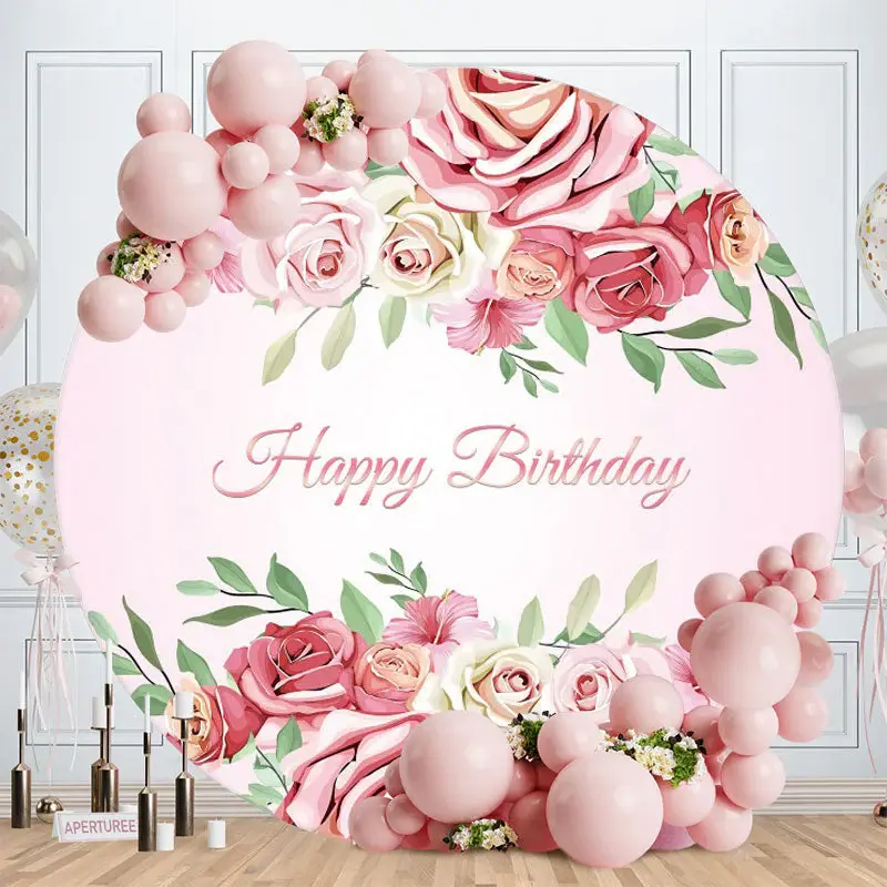 Aperturee Pink Floral Round Happy Birthday Backdrop For Girl