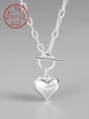 925 Sterling Silver Heart Shaped Pendant Necklace for Women & Girls, Vintage Ot Buckle Necklace for Daily Wear, Trendy All-ma...
