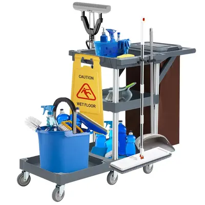 Garvee Commercial Janitorial Cleaning Cart Housekeeping Caddy on Wheels with 3 Shelves for Housekeeping & Room Service